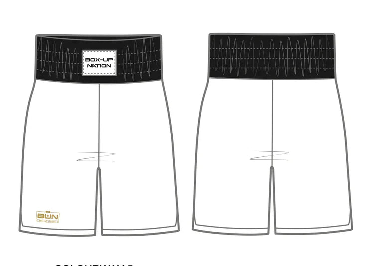 White boxing shorts with black waistband, brand labels on front, athletic design