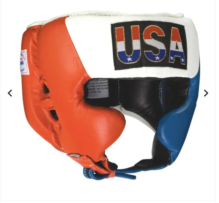 Red, white, and blue boxing headgear with USA logo for boxing protection.