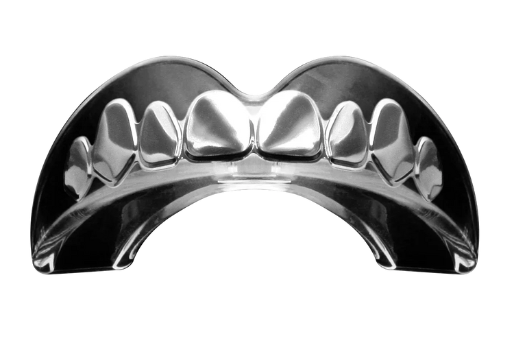 silver 3D boxing mouthguard with molded tooth design on a white background