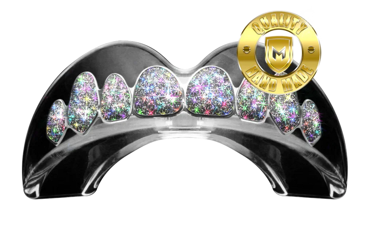 Silver 3D glitter diamond mouthguard with handmade quality badge, on clear display