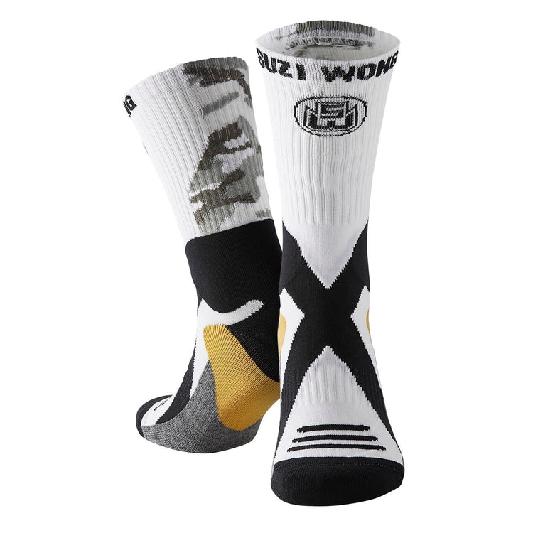 White and grey camo athletic performance socks with black, gold, and logo detail