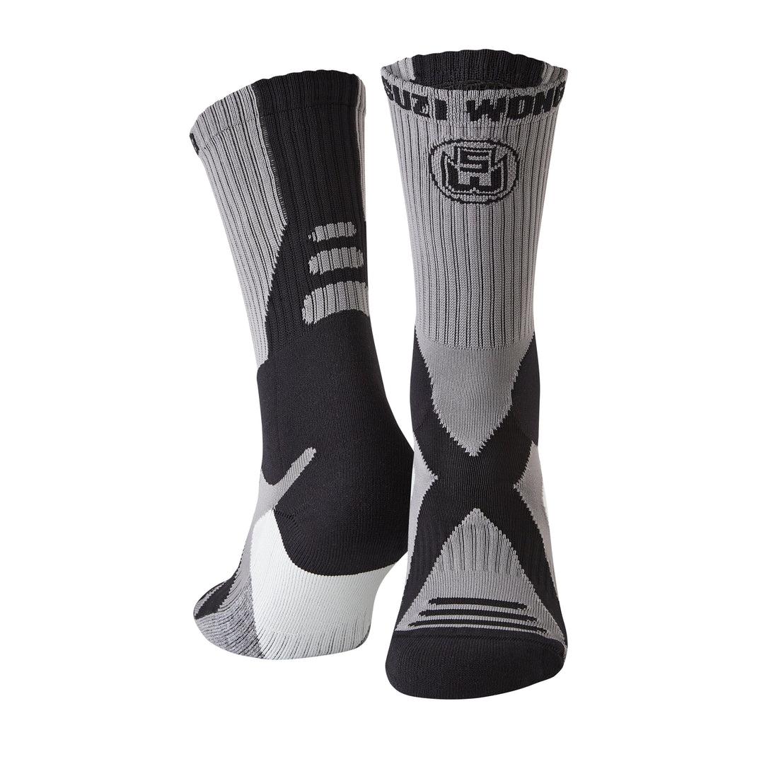 Grey and black athletic boxing socks with arch support and bold woven logo design