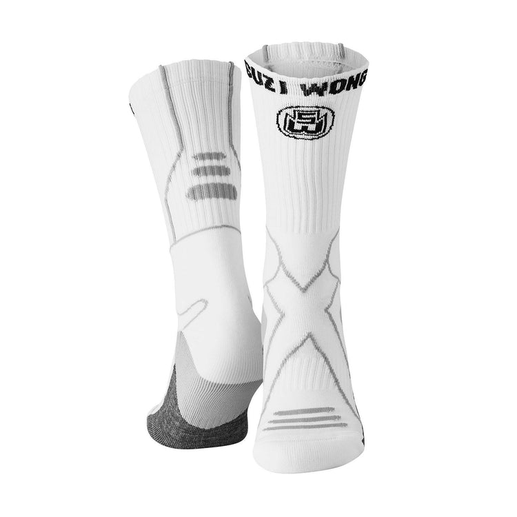 White athletic socks with grey and black accents, logo and 'Suzi Wong' text on cuff