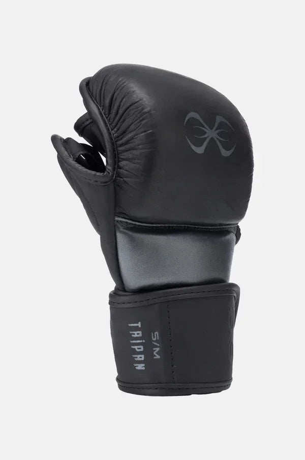 Black MMA sparring glove with open palm and wrist strap, designed for combat training