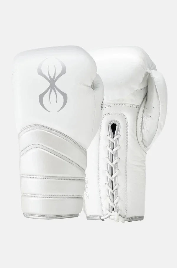 White and silver lace-up boxing gloves with gray logo, pro-grade boxing equipment