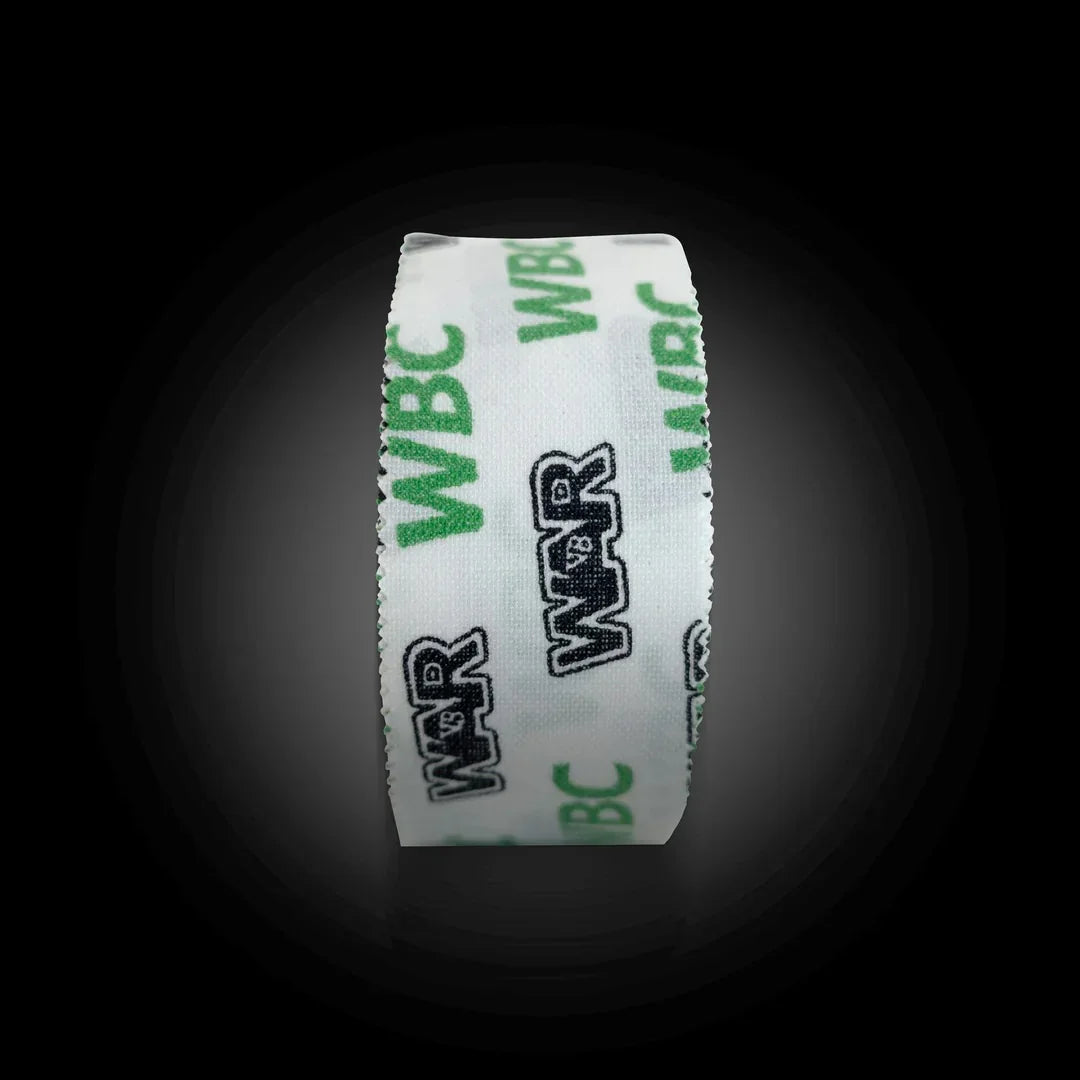 White boxing hand wrap tape roll with WBC and WARR logos on black background
