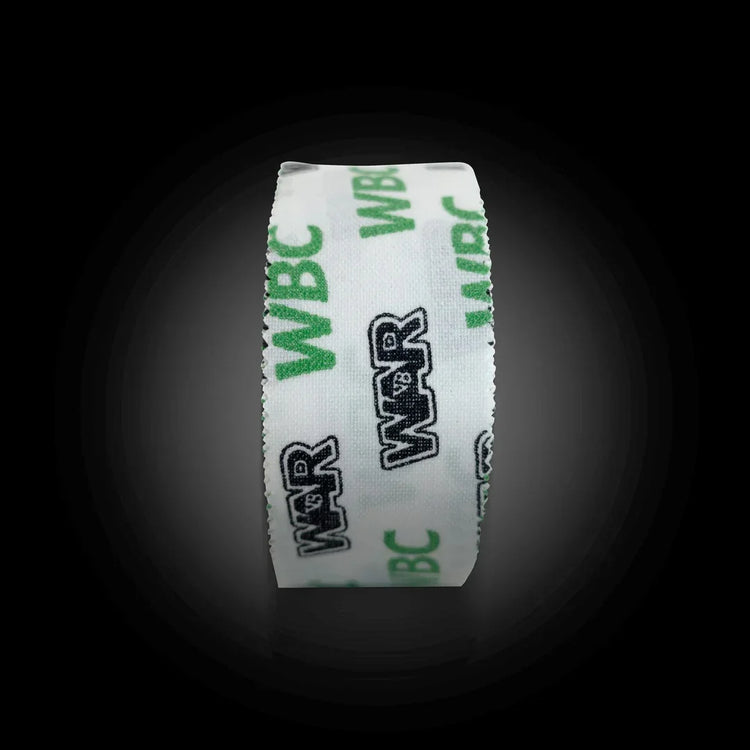 White boxing hand wrap tape roll with WBC and WARR logos on black background