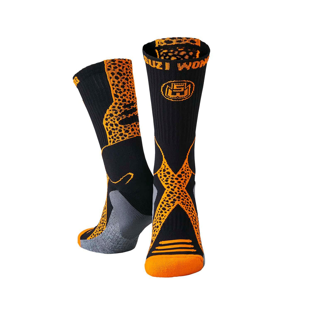 Black and orange athletic boxing socks with cheetah pattern and reinforced sole