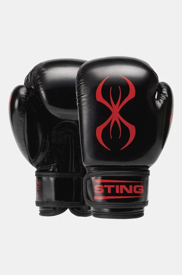 Black boxing gloves with red spider logo and 'STING' branding, displayed on a plain background.