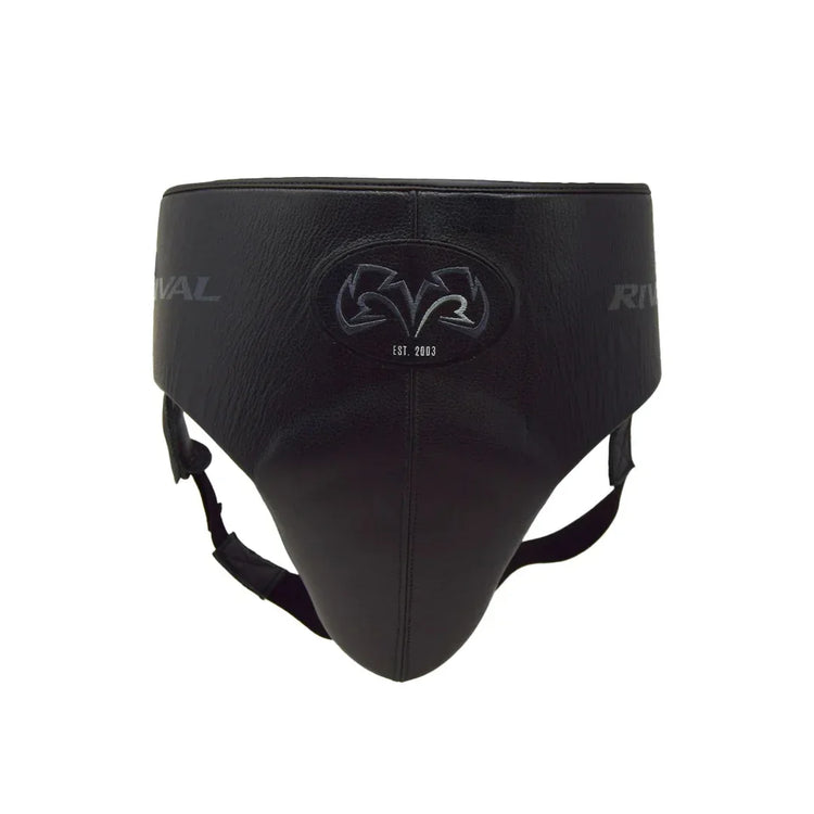 Black leather boxing groin protector with adjustable straps and embroidered logo, front view