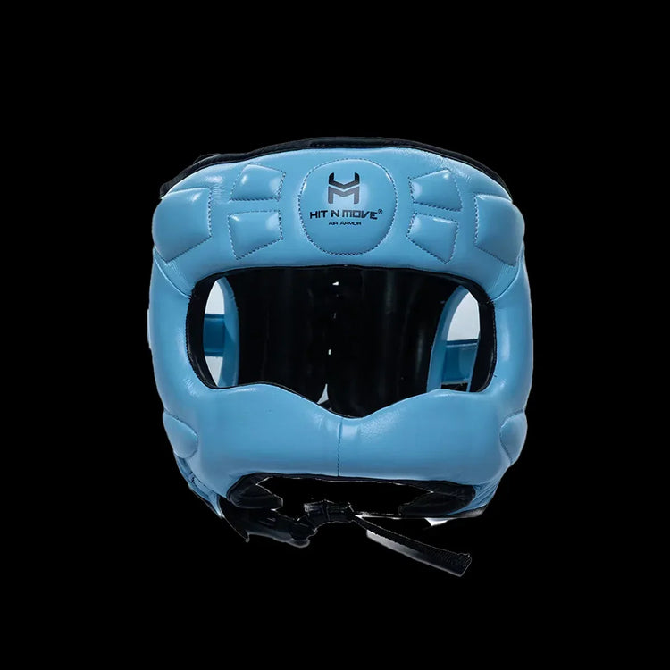 Blue boxing headgear with face protection, front view, Hit N Move logo, black background