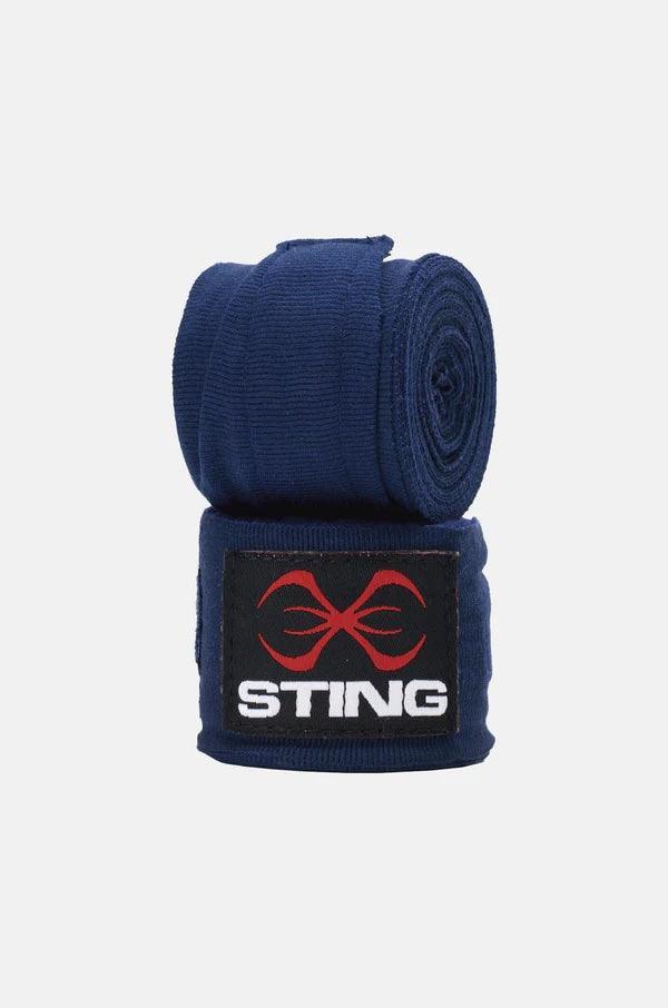 Blue boxing hand wraps with STING logo, rolled on white background