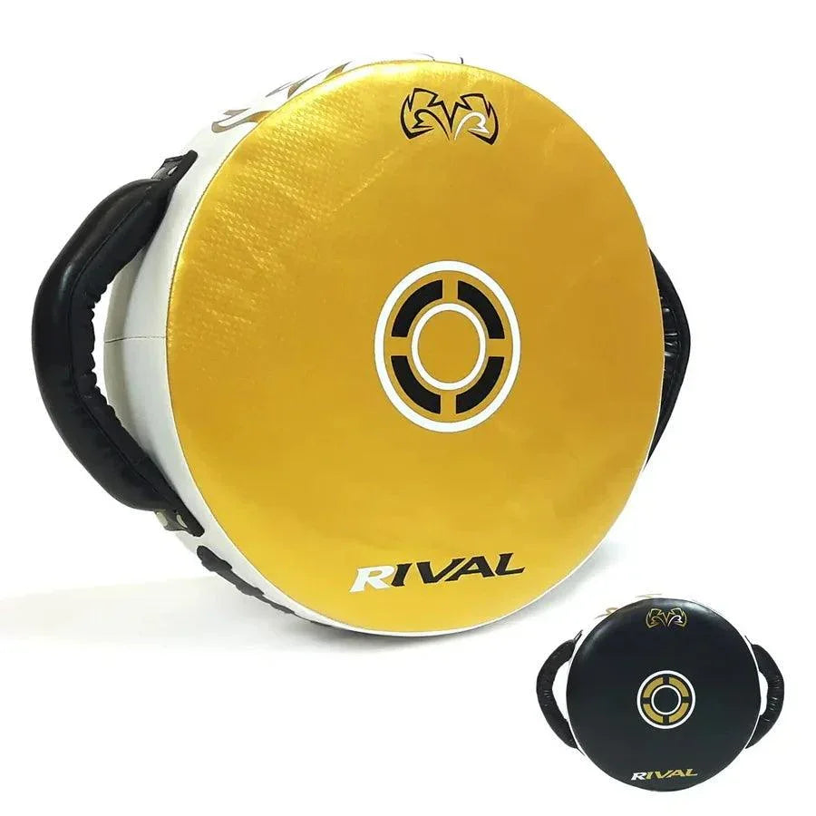 Black and gold Rival boxing punch pad with target design and side handles, ideal for training.