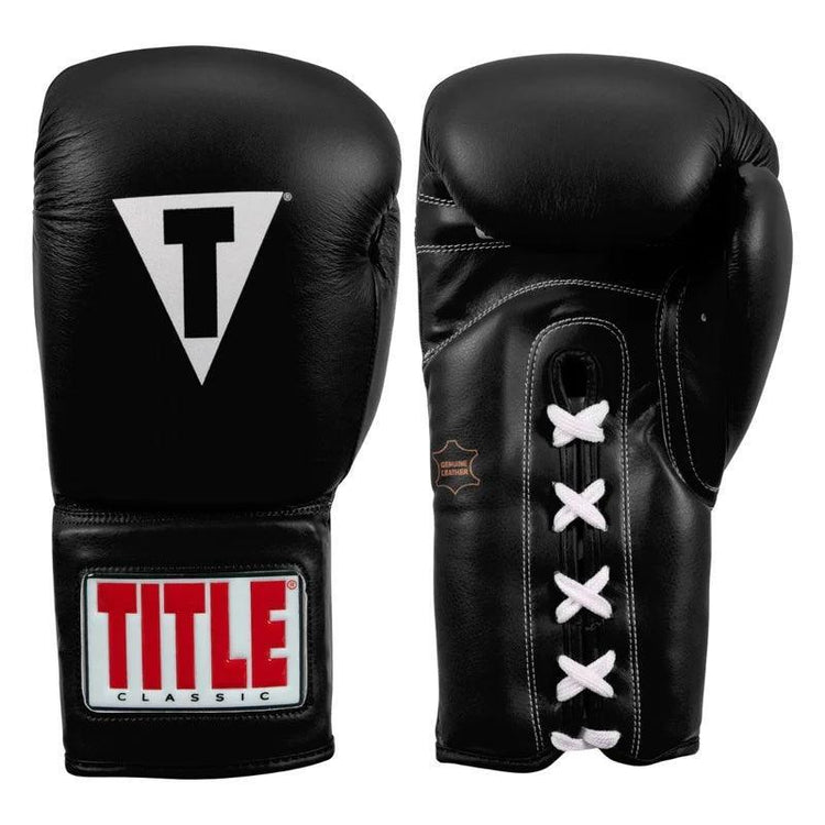 Black genuine leather boxing gloves with lace-up closure and TITLE Classic logo