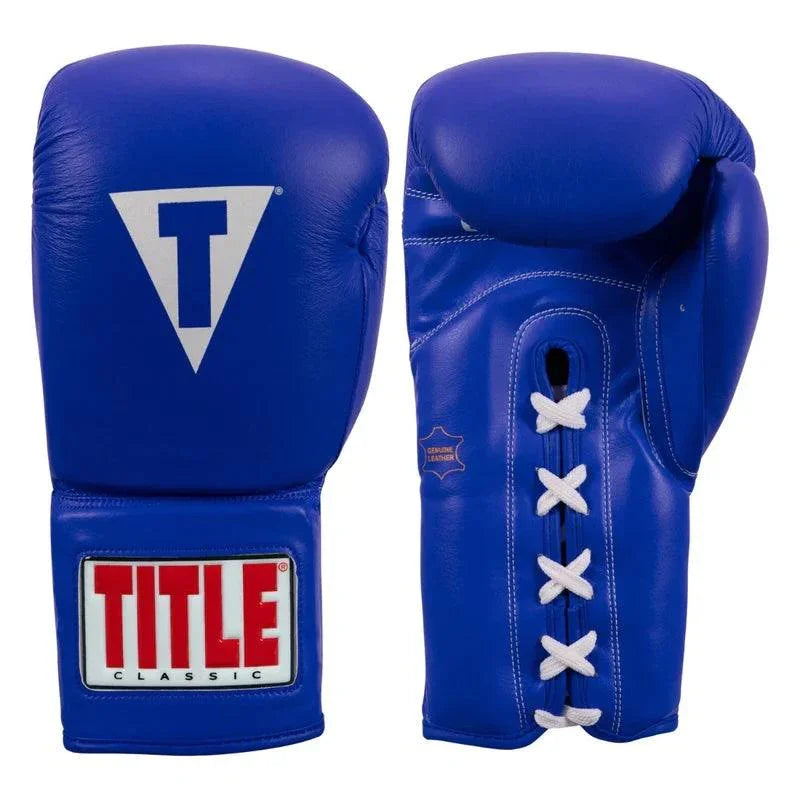 Blue lace-up boxing gloves with TITLE Classic logo, genuine leather, for training or competition.