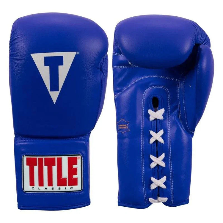 Blue lace-up boxing gloves with TITLE Classic logo, genuine leather, for training or competition.