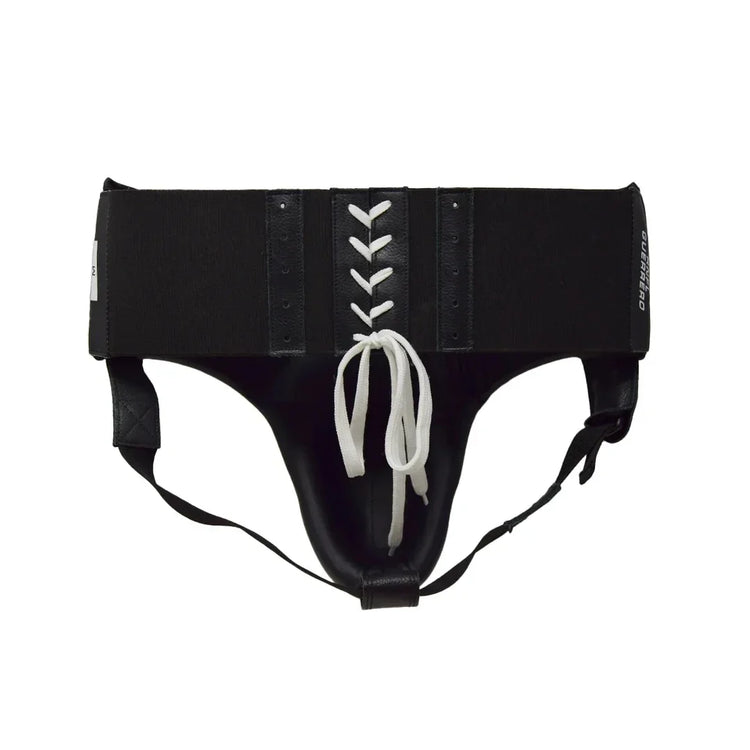 Black lace-up boxing groin protector with white laces and sturdy elastic straps