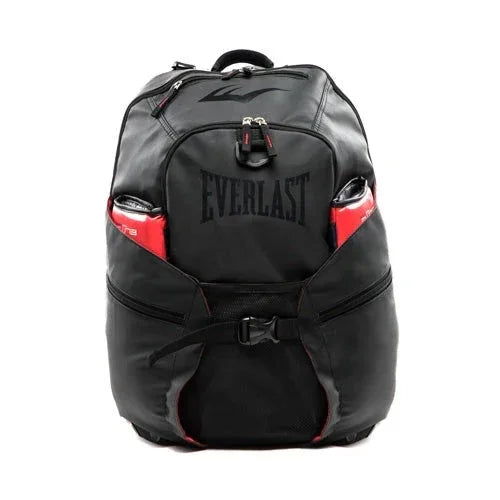 Black Everlast boxing gear backpack with red accents, multiple pockets, on white background