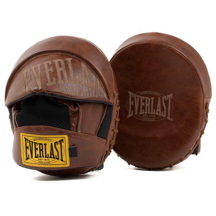 Brown leather boxing focus mitts with Everlast logo, pro training gear