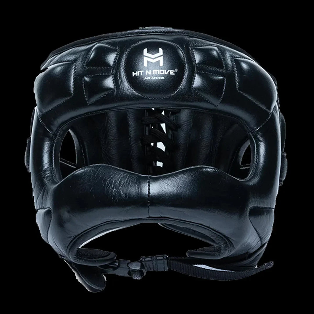 Black leather boxing headgear with Hit N Move logo and protective padding, front view