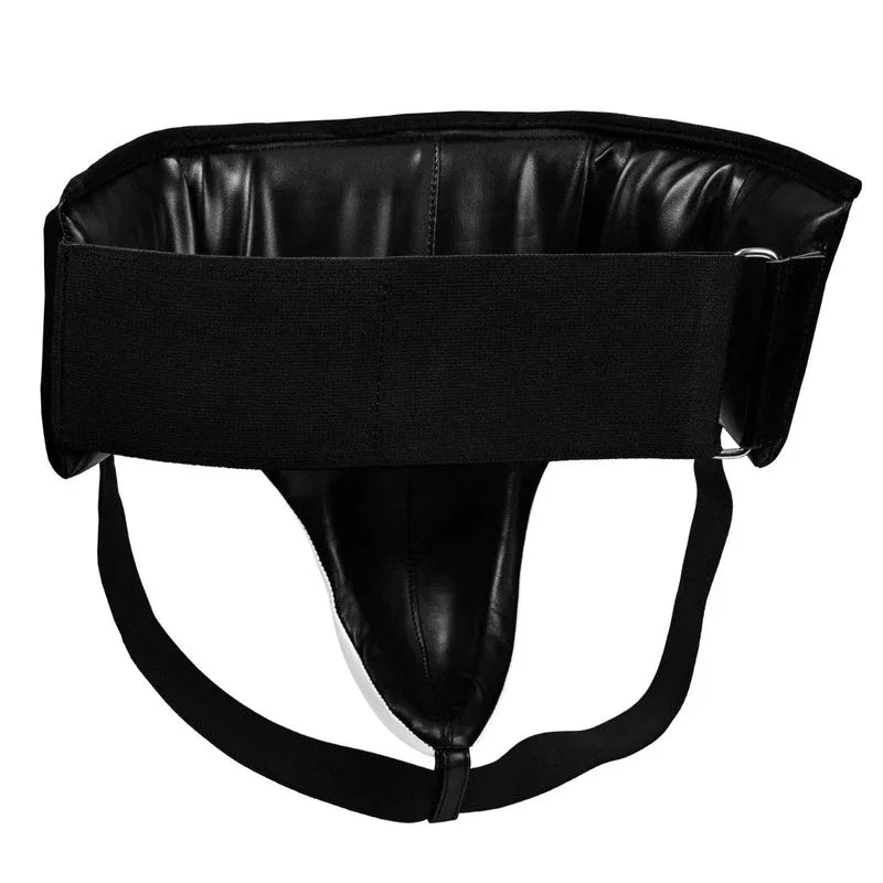 Black leather boxing groin protector with adjustable elastic waistband, front view.