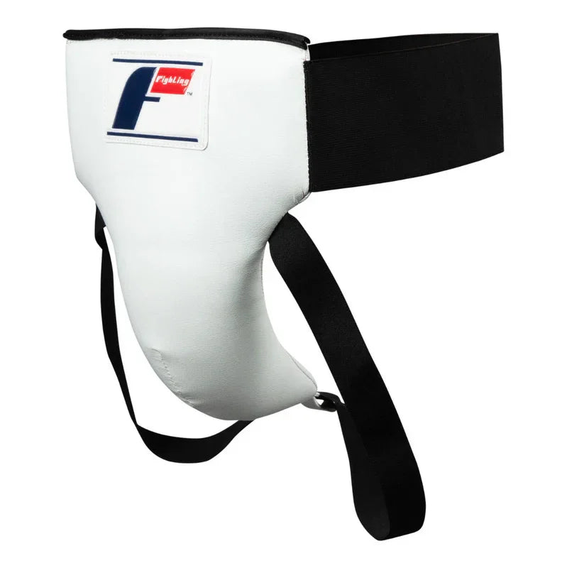 White boxing groin protector with black straps and Fighting brand logo, isolated on white background