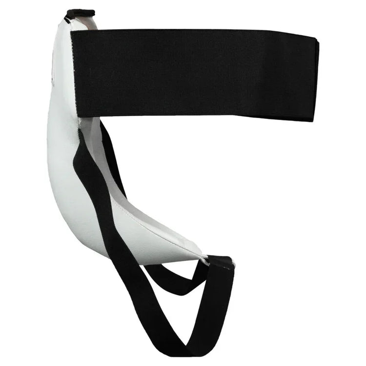 White and black boxing groin protector cup with adjustable elastic straps side view