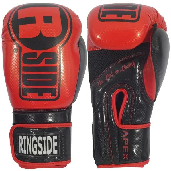 Red and black Ringside boxing gloves for training, pro-grade synthetic leather design.