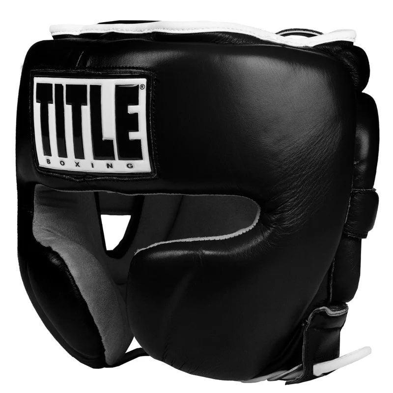 Black boxing headgear with thick padding and TITLE B O X I N G logo on front