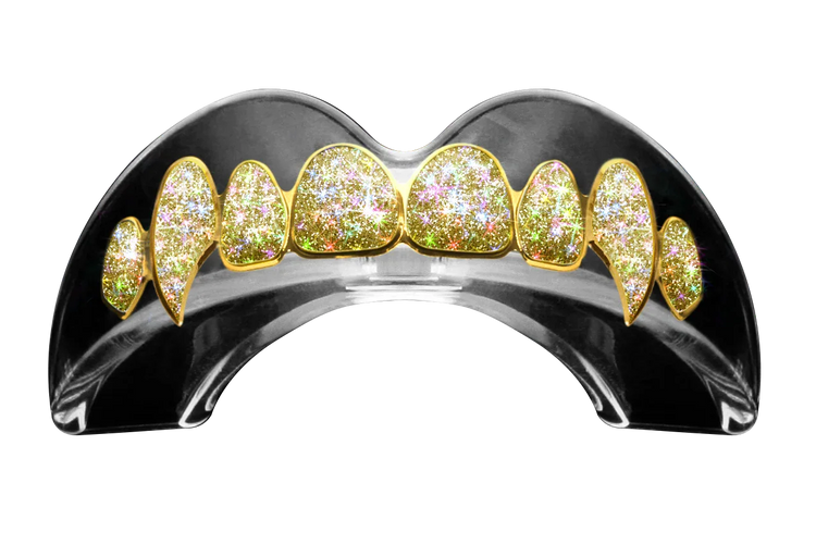 gold plated mouthguard with sparkling diamond accents, fang tooth design
