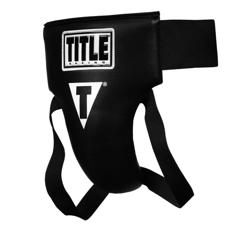 Black boxing groin protector with adjustable straps and TITLE logo, boxing gear equipment