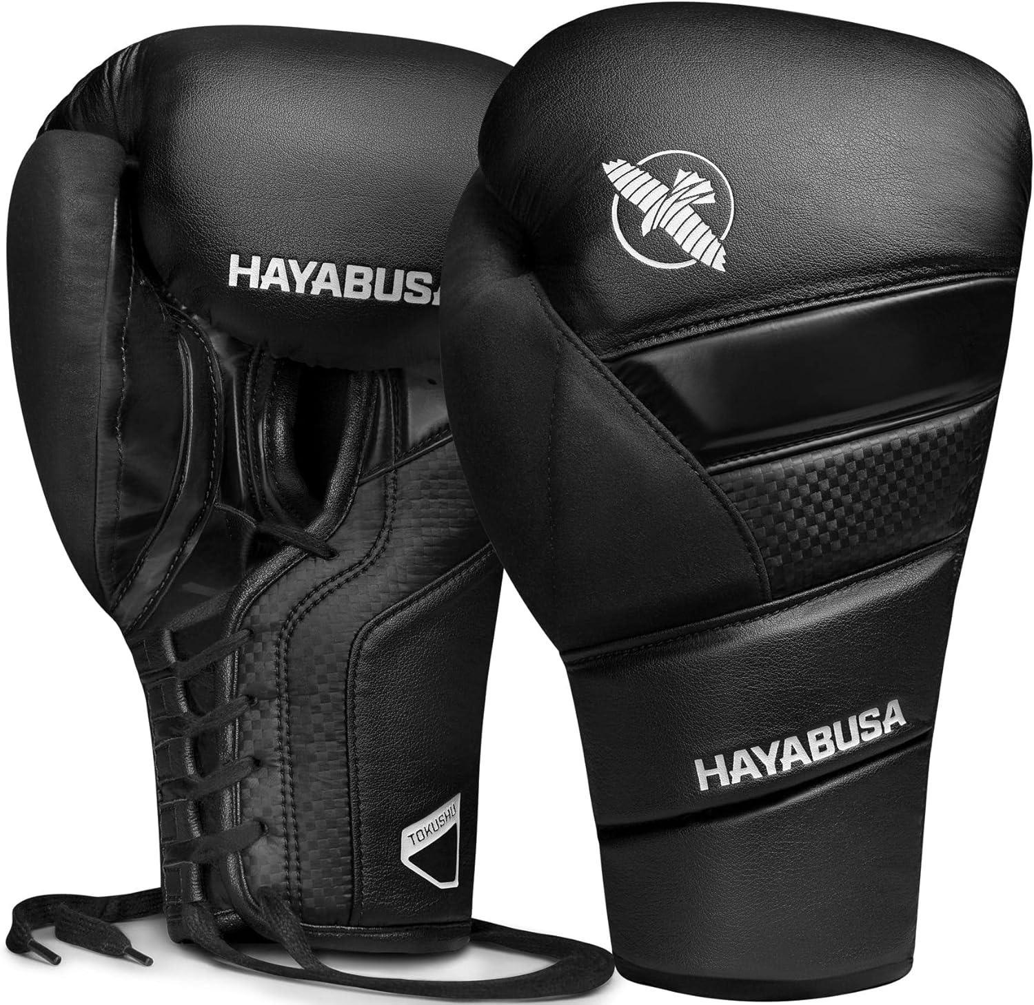 Black Hayabusa T3 lace-up boxing gloves with textured leather and white logo