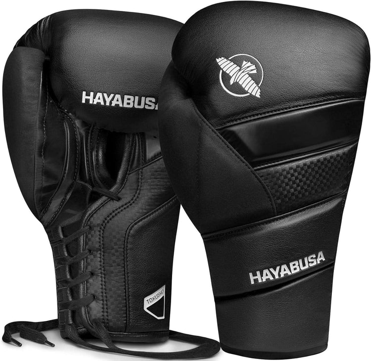 Black Hayabusa T3 lace-up boxing gloves with textured leather and white logo
