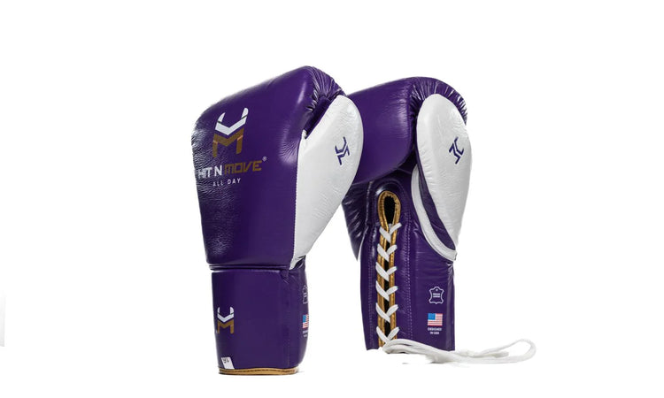 Purple and white lace-up professional boxing gloves with gold logo accents on white background