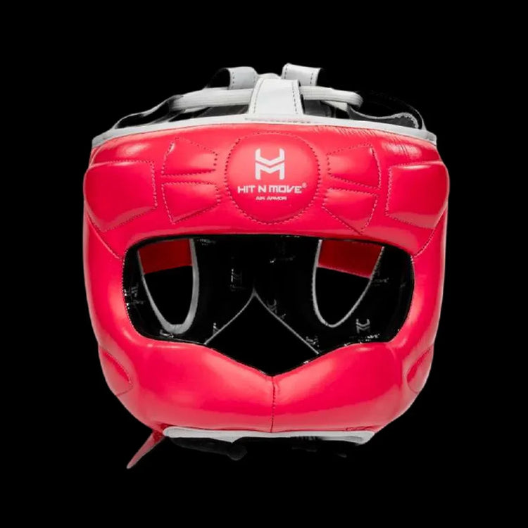 Red boxing headgear with open face and 'Hit N Move' logo on black background