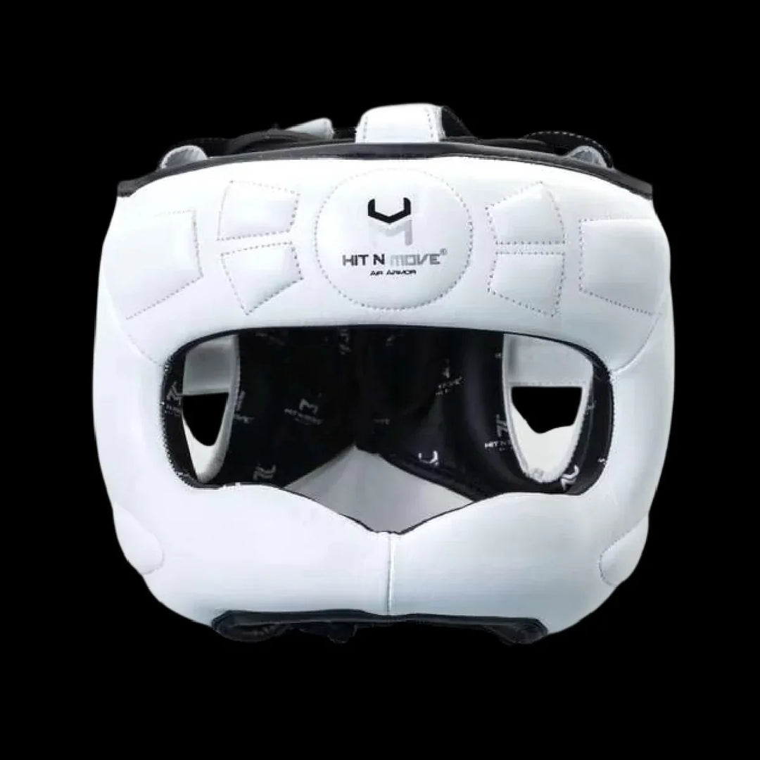 White boxing headgear with face protection on black background, Hit N Move logo visible