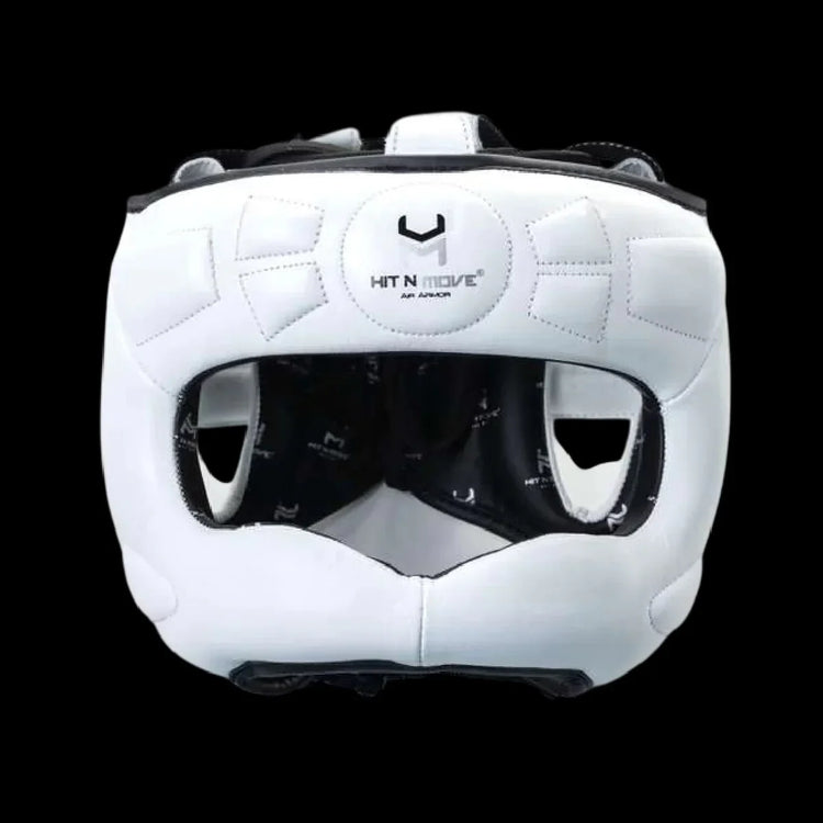 White boxing headgear with face protection on black background, Hit N Move logo visible