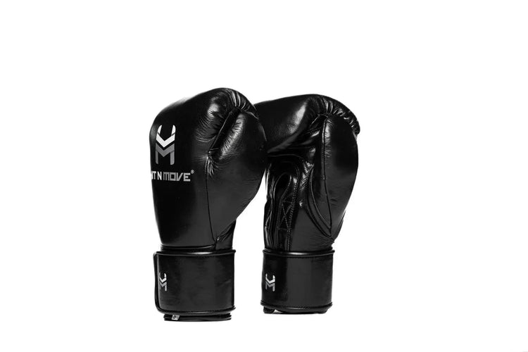 Pair of black leather boxing gloves with white logo, isolated on white background.