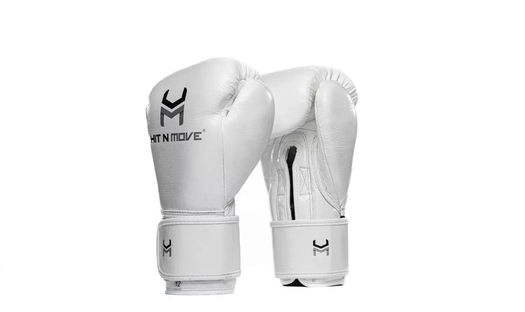 White leather boxing gloves with hook and loop closure, Hit N Move logo visible, isolated on white background