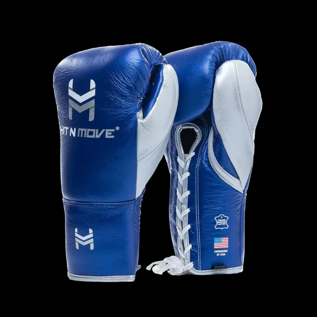 Blue and white leather lace-up boxing gloves with logos and USA flag patch on black background
