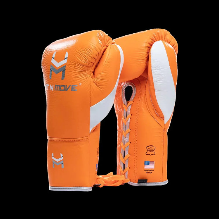 Orange and white lace-up pro boxing gloves with sleek design on black background