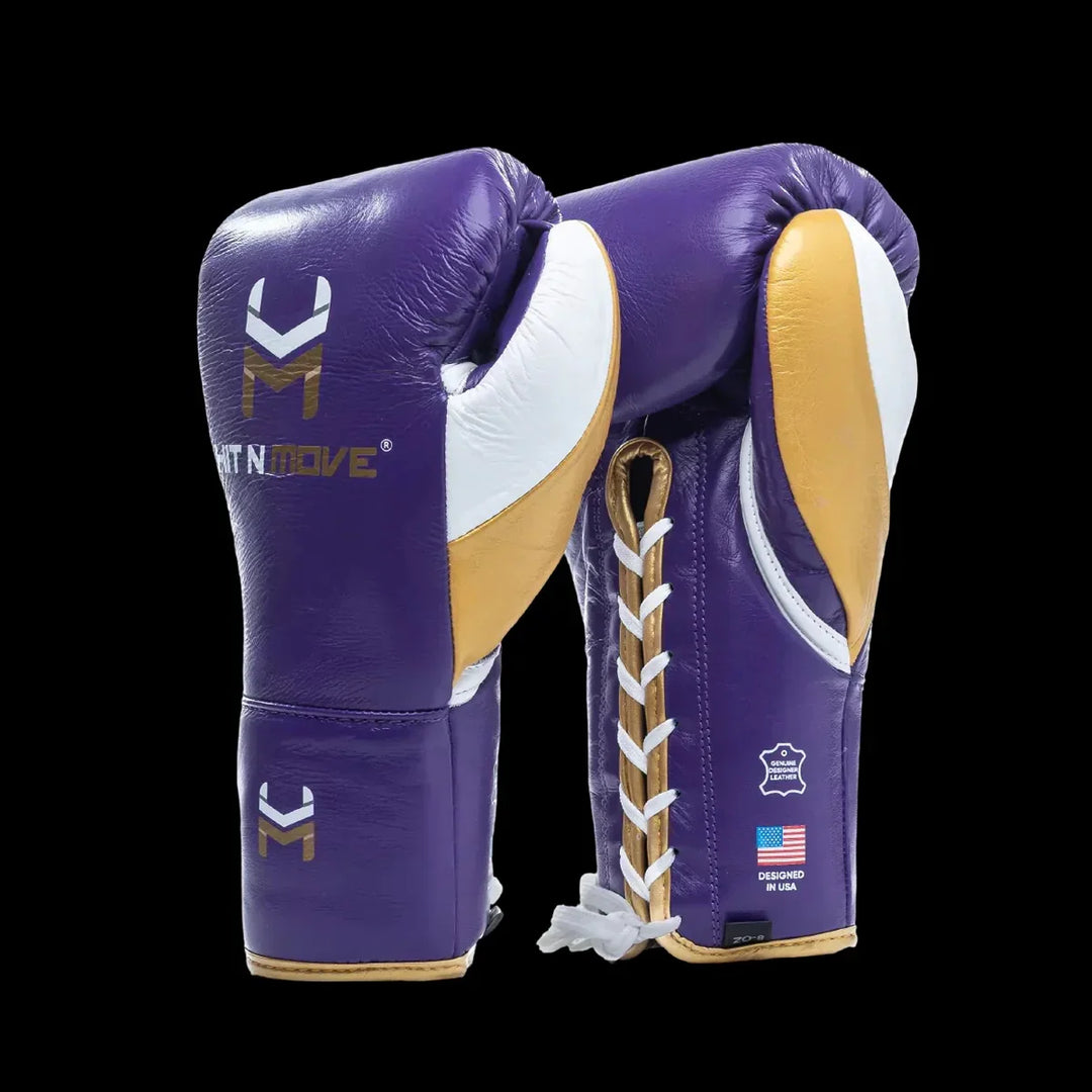 Purple and gold lace-up leather boxing gloves with white accents on a black background
