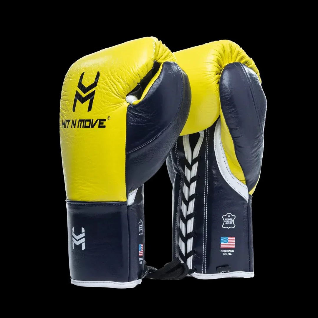 Yellow and black pro boxing gloves with laces, Hit N Move logo, leather, isolated on black