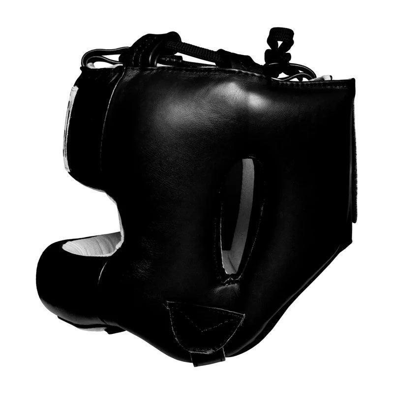 Black leather boxing headgear with full face protection and adjustable strap