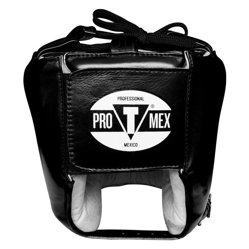 Black leather Pro Mex professional boxing headgear with white logo, front view