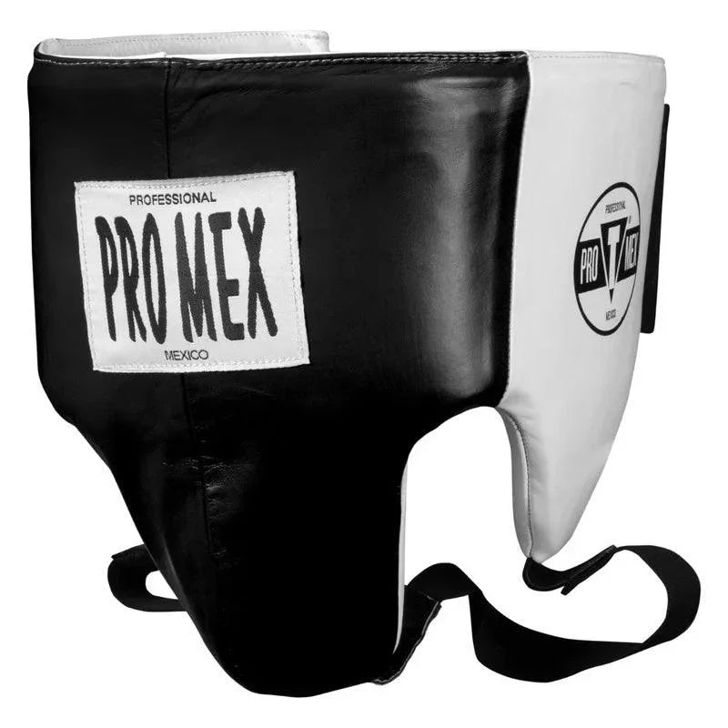 Black and white Pro Mex professional boxing groin protector with adjustable straps