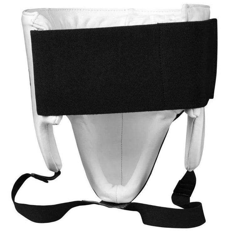 White and black boxing groin protector with adjustable straps for training and sparring safety