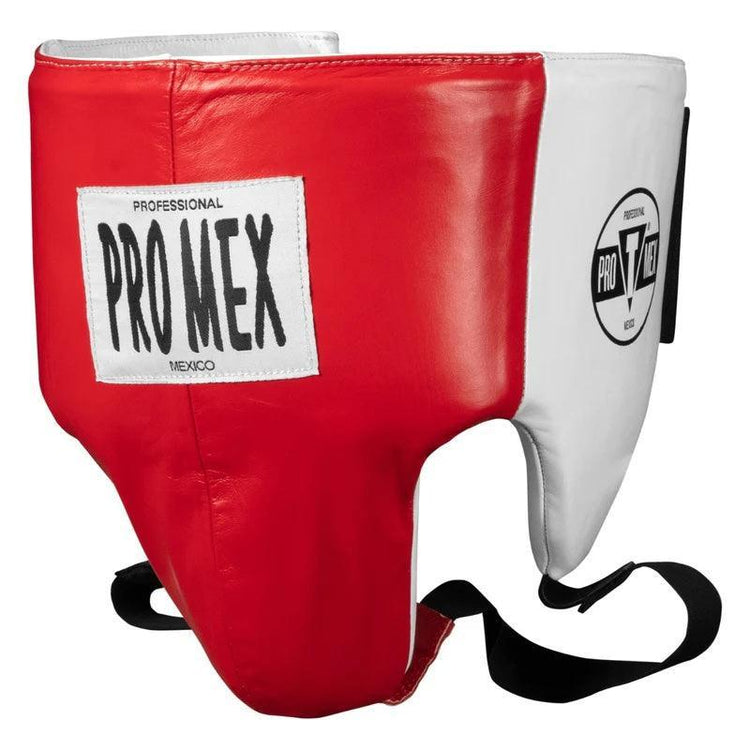 Red and white Pro Mex professional boxing groin protector with black straps