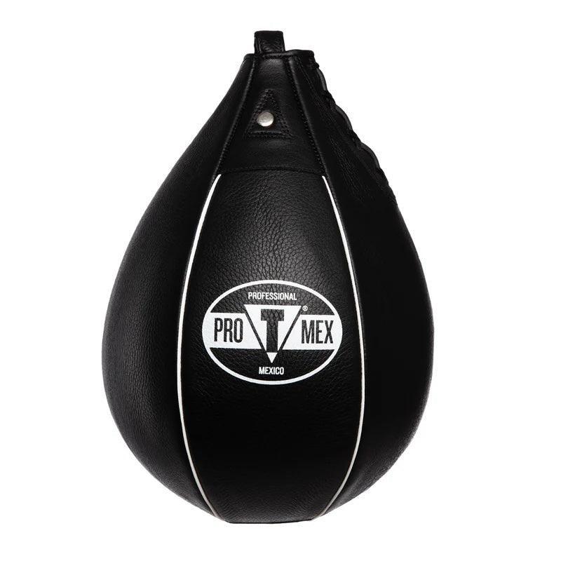 Black leather Pro Mex professional boxing speed bag with white logo and accents, studio background