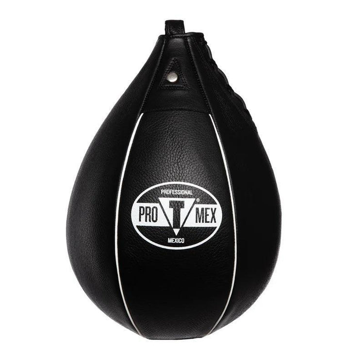 Black leather Pro Mex professional boxing speed bag with white logo and accents, studio background